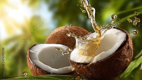 Fresh coconuts with coconut water splashing out, set against a vibrant tropical background