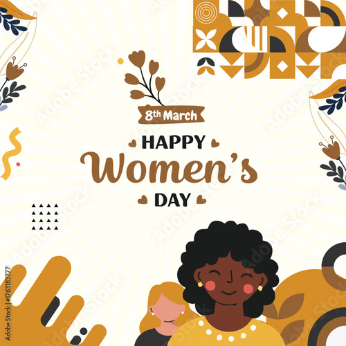 International Women s Day. 8 March. Diverse women day banner , Postcard with International Women's Day. women of different nationalities and religions, design with abstract shapes