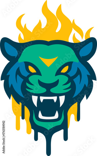 Tiger head, Vivid lion head with flames, suitable for branding, sports logos, or energetic branding visuals.