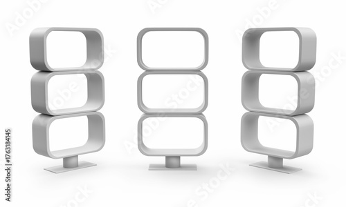 Modern Rounded Rectangular Display Shelf. Supermarket Promotional Display Rack. Empty Product Display. PDQ. Point Of Sale. Unique Style Floor Stand Display. 3D Render Illustration.