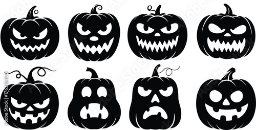 Collection of silhouetted halloween pumpkins with scary faces