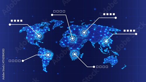 World Map Technology Network Connection – Futuristic Global Target Location Vector with Glowing Lines and Points for Infographic and Web Interface Design