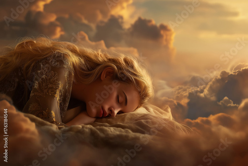 Young woman sleeping peacefully on soft clouds in the sky