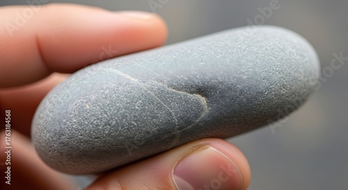 Smooth Grey Pebble Held in Hand, Nature Texture, Serene Stone Detail