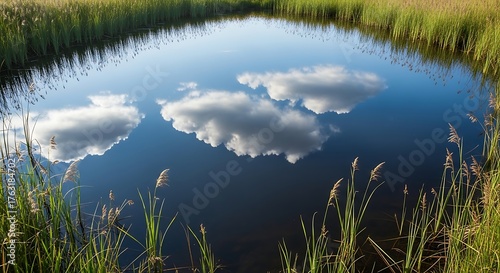 Tranquil Pond Reflection Blue Sky, Fluffy Clouds, Green Grass