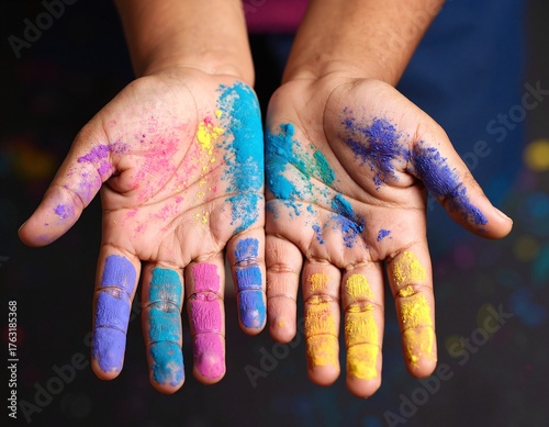 Two hands covered in vibrant, colorful paint splatters, showcasing a mix of bright hues like red, blue, yellow, and green, resting on a white canvas.