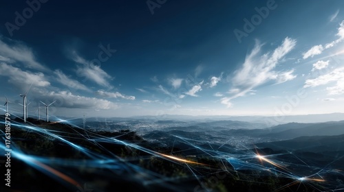 Scenic Landscape with Wind Turbines and Dramatic Sky at Dusk