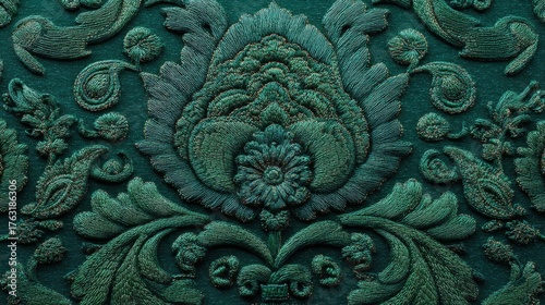 Deep green decorative damask with intricate floral embroidery, rich textile detail, ornamental fabric texture