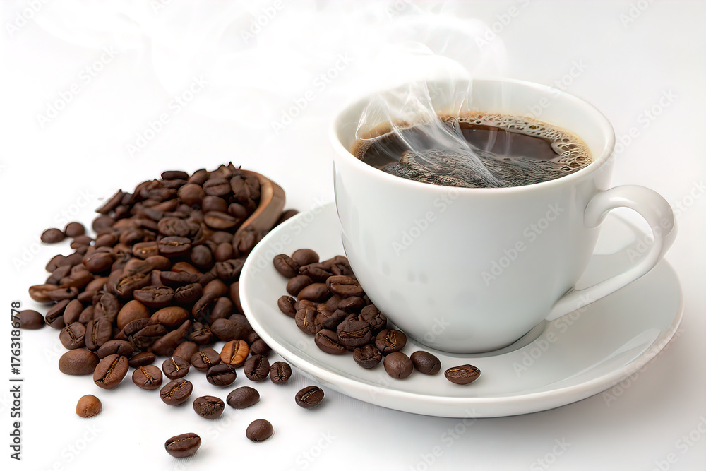 Obraz premium Steaming white cup of coffee on elegant minimalist background with coffee beans.