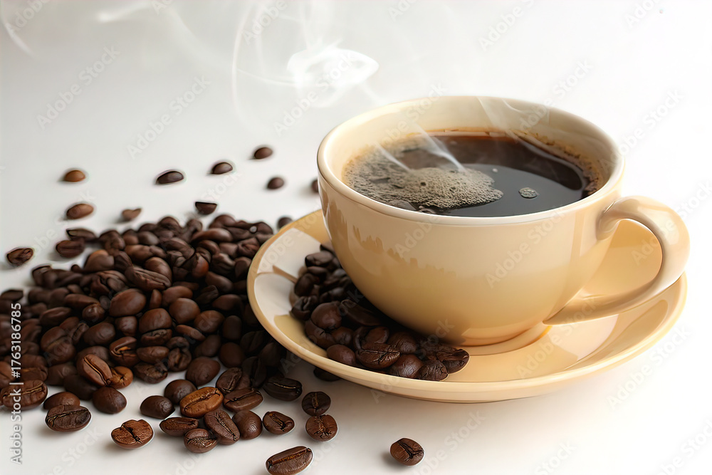 Obraz premium Steaming white cup of coffee on elegant minimalist background with coffee beans.