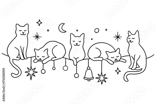 Line Art Cats and Celestial Christmas Holiday Border