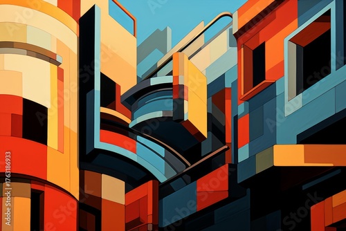Wallpaper Mural Modern building exterior with vibrant colors and geometric shapes creating an abstract architectural design Torontodigital.ca