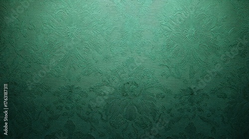 Opulent green damask background with floral arabesque patterns, fine woven craftsmanship, subtle sheen and texture