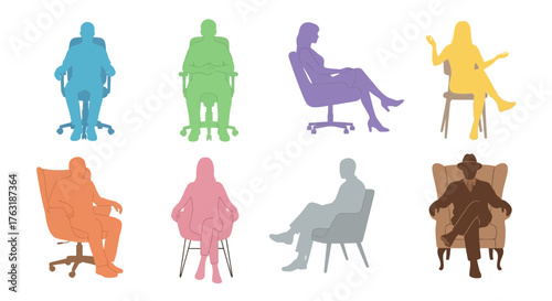 Set of people sitting in chairs isolated on white background