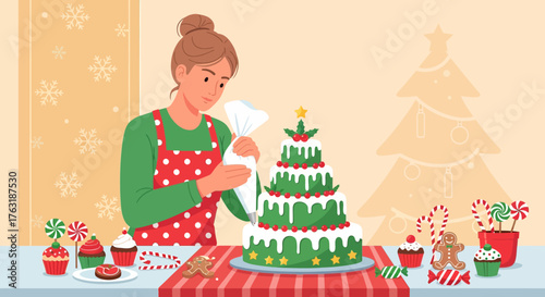 Woman Decorating Christmas Tree Cake with Icing for Festive Celebration.