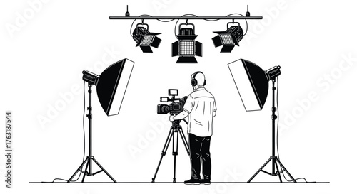 Film crew with camera and lighting isolated on white background, movie production