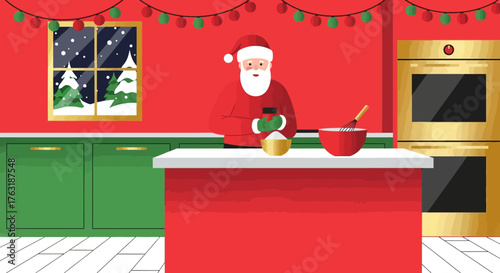 Santa Claus baking cookies in a festive red kitchen.