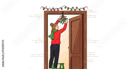 Person Decorating Doorway with Christmas Lights and Mistletoe.