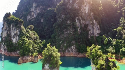 Aerial view of Limestone rocks in Ratchaprapha Dam at Khao Sok National Park, Surat Thani Province, Thailand.