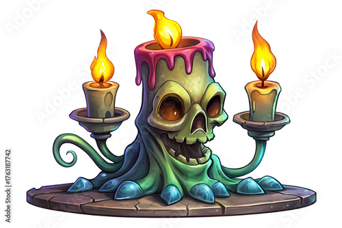 Ancient iron candle holder vector with wax melted over skull shaped base, flickering ominous light