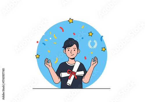 A flat minimalist vector illustration of a student holding a graduation scroll, celebrations and achievements theme. 