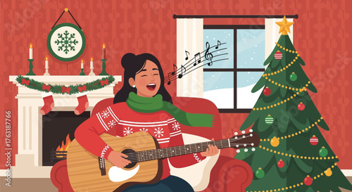 Woman singing and playing guitar during Christmas.