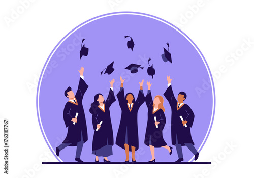 A flat minimalist vector illustration of students tossing graduation caps in the air, celebrations and achievements theme. 