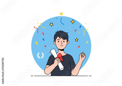 A flat minimalist vector illustration of a student holding a graduation scroll, celebrations and achievements theme. 