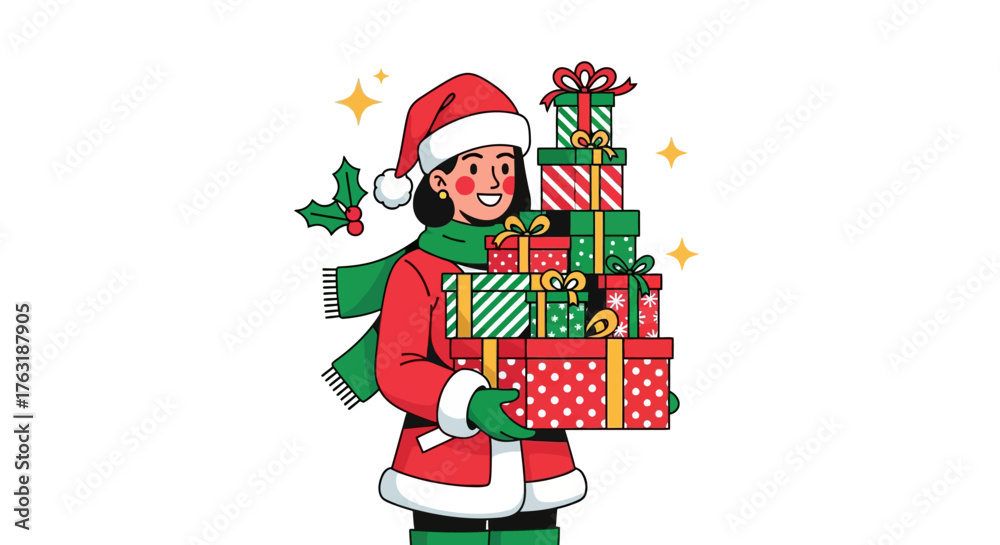 Fototapeta premium Young Woman Wearing Santa Hat Holding Stack of Christmas Presents.