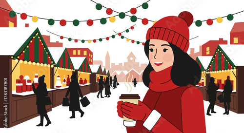 Young woman holding a coffee cup at a winter market.