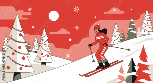 Skier in red suit skiing down a snowy slope with ski poles.