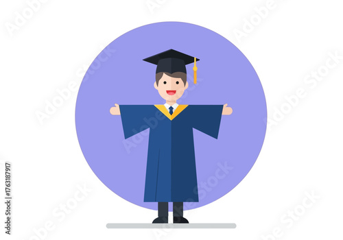 A flat minimalist vector illustration of a student wearing a graduation cap and gown smiling, celebrations and achievements theme. 