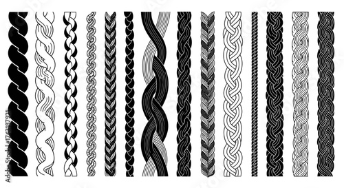 Collection of different rope and braid patterns isolated on white background