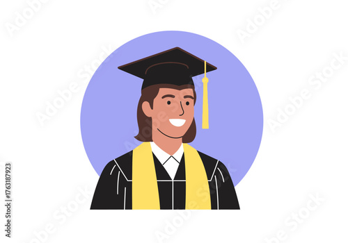 A flat minimalist vector illustration of a student wearing a graduation cap and gown smiling, celebrations and achievements theme. 