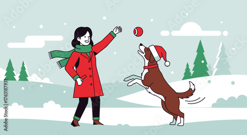 Woman and dog playing with a ball in the snow.