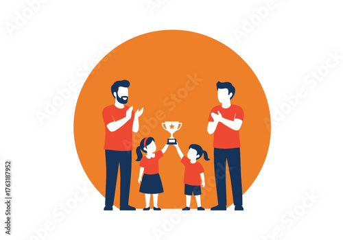 A flat minimalist vector illustration of a family clapping for a child’s achievement, celebrations and achievements theme. 