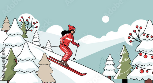 Woman skiing down a snowy mountain slope in winter.