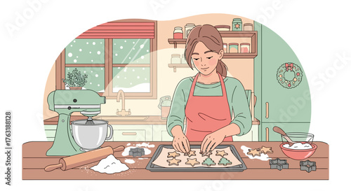 Woman baking cookies in the kitchen during winter.