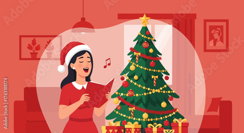 Woman Singing Christmas Carols by Decorated Tree in Festive Room.