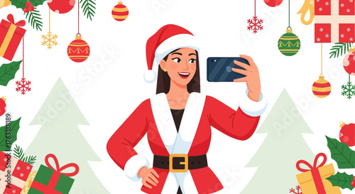 Woman in Santa outfit taking selfie during Christmas season.