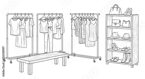 Sketch of clothing rack and shelf with clothes isolated on white background