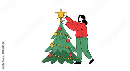 Woman Decorating Christmas Tree with Star Topper.