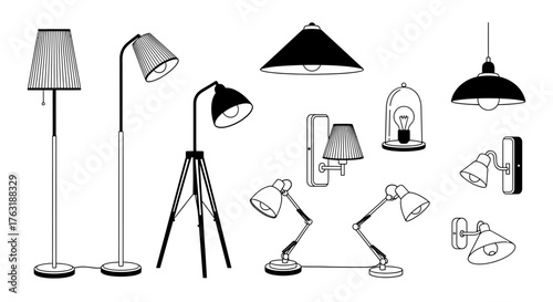 Collection of different lamps isolated on white background for interior design