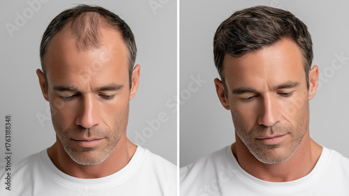 Realistic clinical collage depicting male hair loss before treatment and thicker hair after recovery, with balanced studio lighting emphasizing scalp coverage and dermatological success.