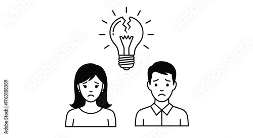 Sad couple with broken light bulb isolated on white background for concept