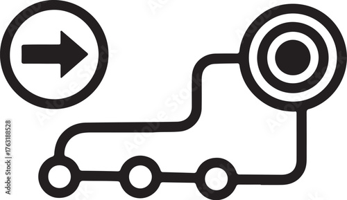Abstract path with arrow leading to target symbol and connecting nodes route journey also transparent background