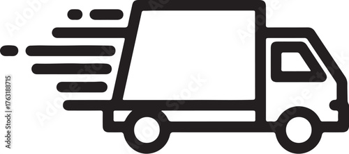 Black and white icon of a fast moving delivery truck with motion lines transport logistics also transparent background