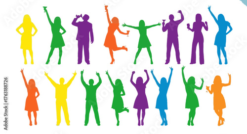 Colorful silhouette of people dancing with their hands up isolated on white