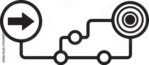 Black arrow in circle pointing right connected to target icon with lines and circles direction goal also transparent background