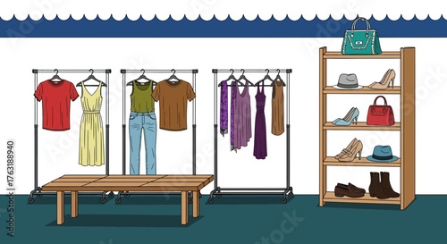 Fashion store interior with clothes on hangers and shoes on shelves illustration